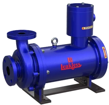 Blue canned motor pump on a steel base