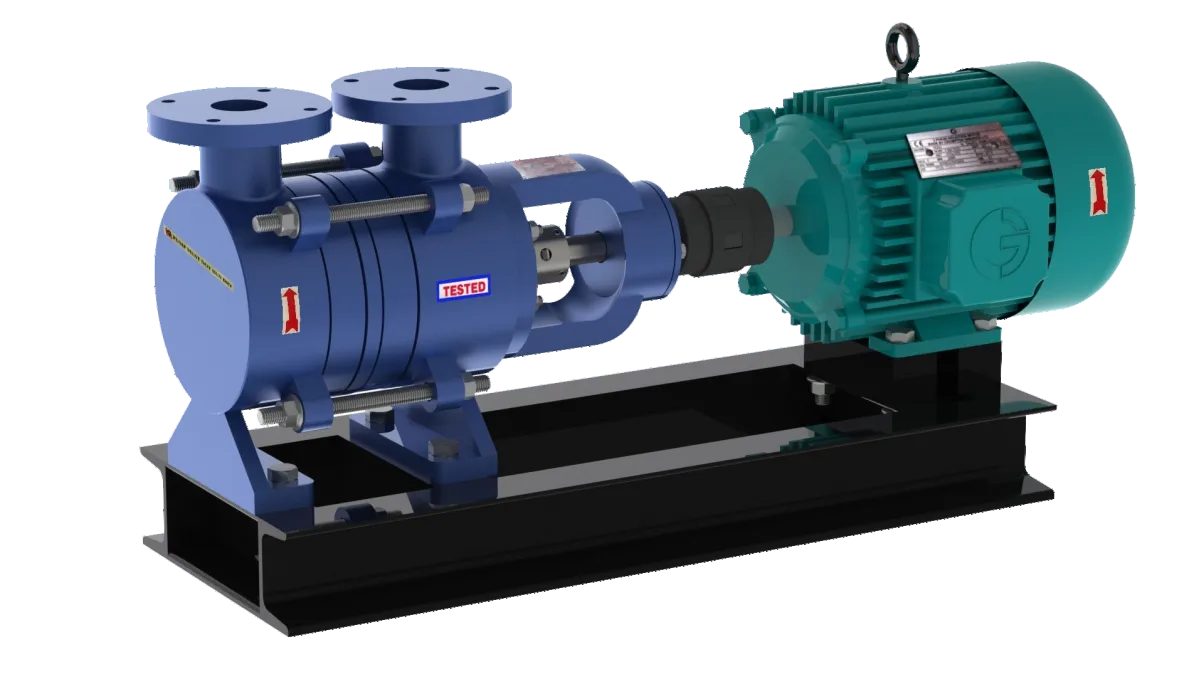 Multistage self-priming pump coupled to a green motor on a steel base