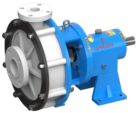 Polypropylene centrifugal pump with a white moulded casing on a blue bearing frame