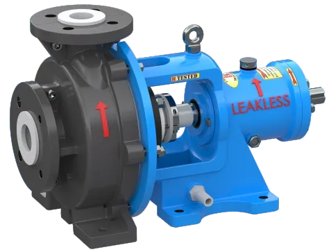 PTFE-lined back pull-out pump with a dark lined casing on a blue bearing frame