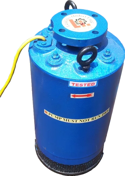 Blue submersible dewatering pump with a lifting eye and power cable