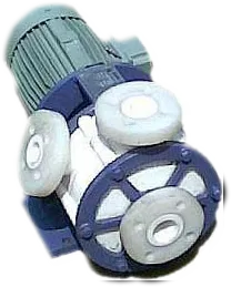 Vertical sealless glandless pump with white flanges and a grey motor