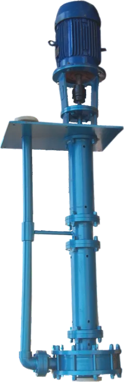 Vertical submerged sump pump with a long column under its mounting plate